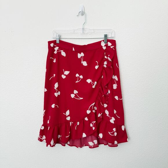 [ModCloth] It's A Wrap Red Cherry Heart Print Ruffle Faux Wrap Midi Skirt Sz 12 - Picture 2 of 11